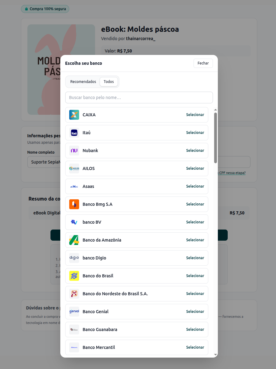 escolher banco pix pagamento ebook