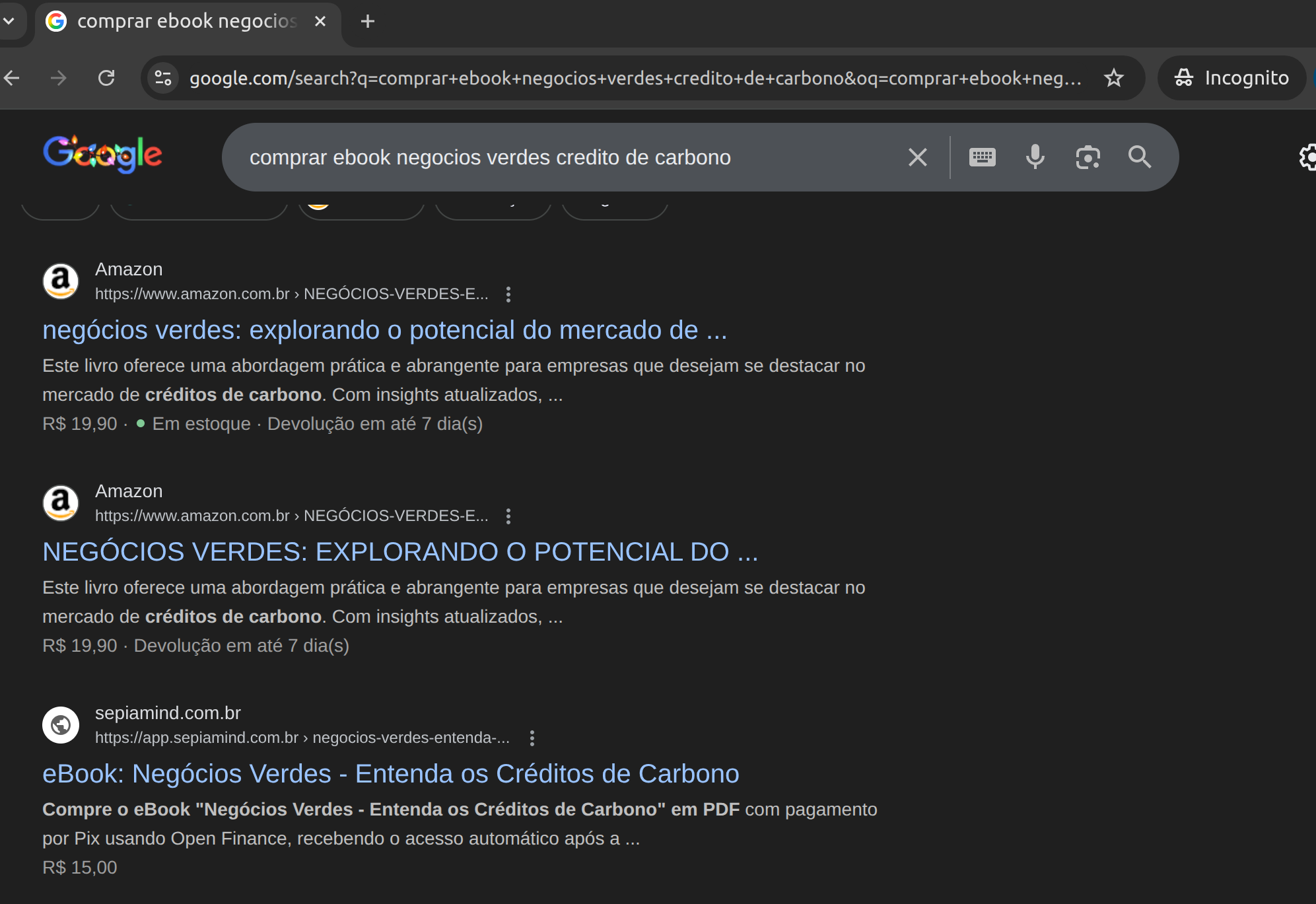 Evidência real do SepiaMind aparecendo no Google para a busca comprar ebook negócios verdes crédito de carbono