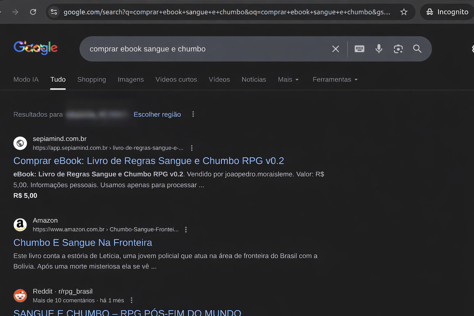 Evidência real do SepiaMind aparecendo no Google para a busca comprar ebook sangue e chumbo